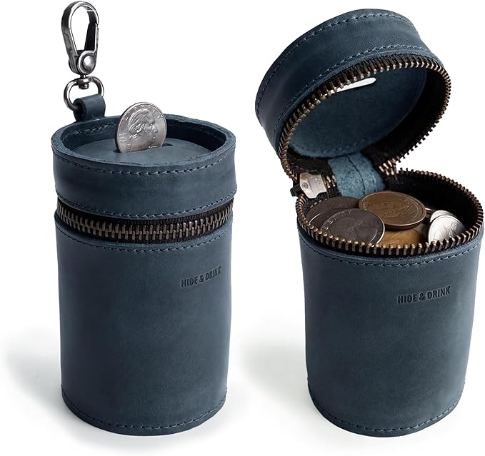 Hide & Drink, Money Box, Piggy Bank Bucket, Zippered Pouch, Cash Organizer, Coin Case, Full Grain Leather, Handmade (Slate Blue)