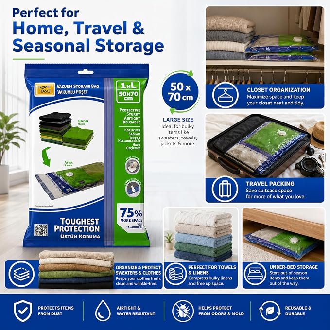 Jumbo Vacuum Storage Bags, Space Saver Sealer Compression Bags for Comforters, Blankets, Pillows, Bedding, Clothes (50cm x 80cm -1Pack Large)