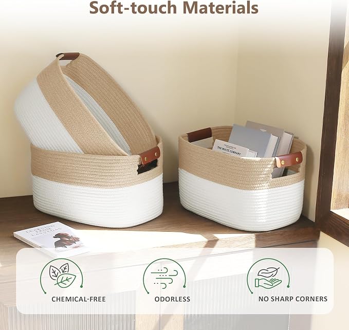 ECDYQXVU 15x10x9 Woven Cotton Rope Storage Basket, Leather Handles 2 Pack | Foldable Design, Sturdy PU Handles, Easy to Clean Organizer for Living Room, Closet, Shelves, Bedroom, Laundry, Clothes