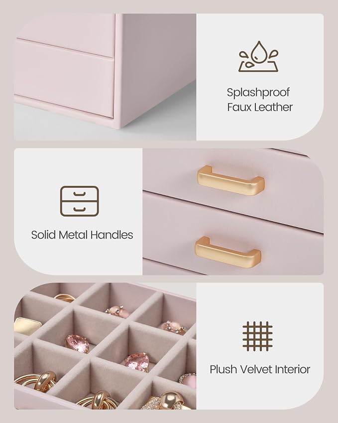 Lolalet Earring Organizer, Jewelry Box with Clear Lid -Pink, 8 Layer | PU Leather, Velvet, Removable Dividers, Dustproof, Easy Clean, For Studs Rings, Gift for Women Girls, Home Aesthetic Decor