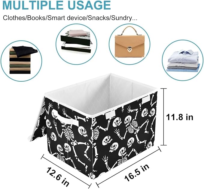 CaTaKu Skull Black Storage Bins with Lids,Halloween Fabric Large Storage Container Cube Basket with Handle Decorative Storage Boxes for Organizing Clothes Shelves
