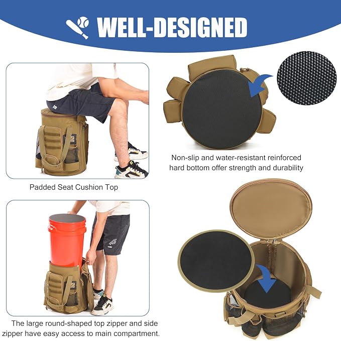 Baseball Bucket Bag 6 Gallon Multi Pockets Softball Coaching Equipment Bag | tactical Baseball Bucket Cover Organizer with padded Seat for Balls, Bat, Gloves, Scoreboards