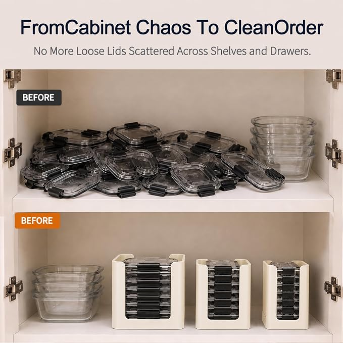 Food Container Lid Organizer for Rubbermaid Brilliance nap-on lids, 3-Pack Off white, Kitchen Cabinet Drawer & Pantry Storage