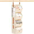 4 Tier Hanging Closet Organizer with Socks Storage Mesh Bag - Space Saving Storage Shelves for Closet, Wardrobe, Fabric Storage Bins for Dorm Rooms, Bedroom (Beige)