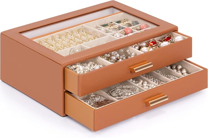 AKOZLIN Jewelry Box with Clear Lid Functional Leather Jewelry Storage Organizer Case 2 Drawers for Women Girls Necklace Ring Bracelet Earring