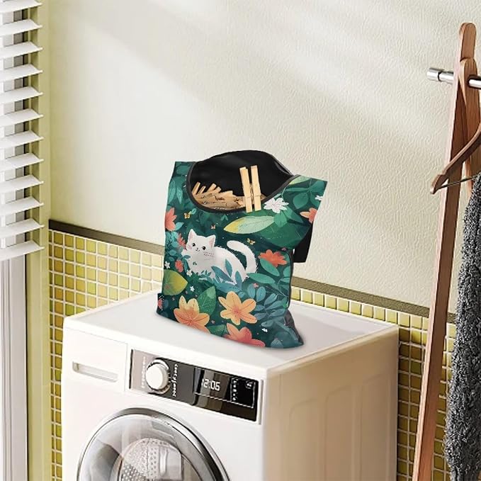 White Cat Clothes Pin Bag to Hang On Line Reusable Clothespin Holder Laundry Room Clothespin Holder with Large Opening Space-Saving Clothespin Storage Solution