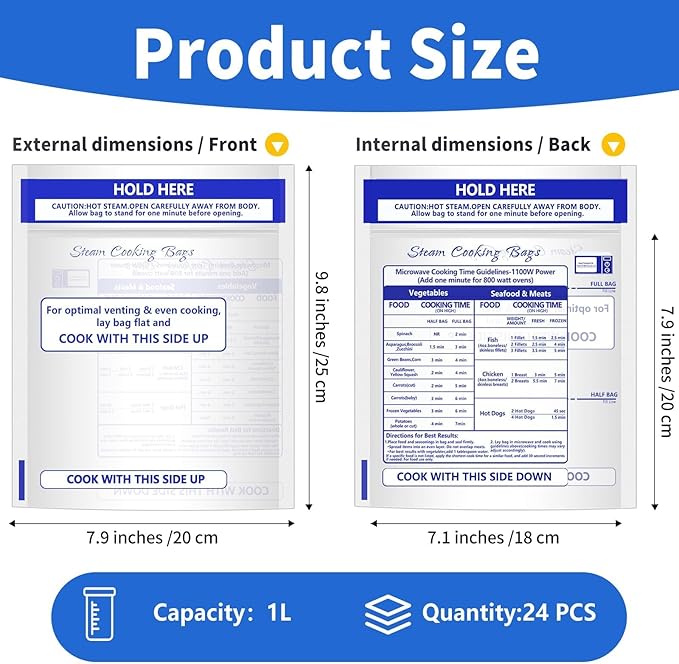 24 Pcs Zipper Steam Bags Reusable Microwave Steamer Cooking Bags Frozen Food Microwave Steam Bag for Vegetables Potatoes Meat (24)
