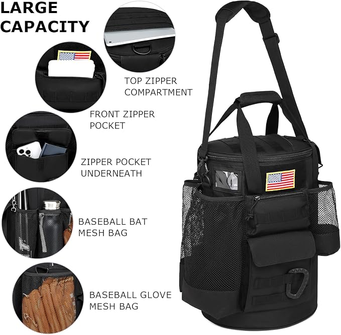 Baseball Bucket Bag 6 Gallon Tactical Softball Coaches Bag with Padded Seat | Baseball Bucket Cover Organizer for Training Equipment, Balls, Bat, Gloves, Scoreboards, with Shoulder Strap