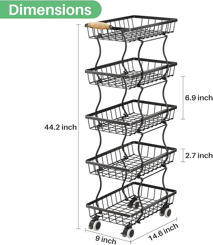 SAYZH Fruit Basket Kitchen Pantry Organizers and Storage - 5 Tier Stackable Metal Wire Basket Stand for Fruit Vegetable Snacks Jars Bins Containers Organization, (Black, 5 Tiers)