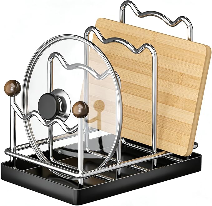 Pot Lid Organizer Cutting Board Holder with Removable Tray -Black | 3-Slot Kitchen Pot Lid Storage Rack Chopping Board Holder for Countertop, 8.2 x 5.1 x 7.2 in
