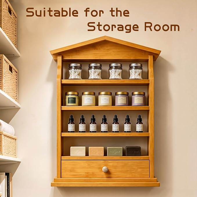 Natural Wood Spice Rack Wall Mount – 4-Tier Wooden Kitchen Organizer with Drawer, Holds 24 Small Spice Jars, Decorative Wall Display Shelf