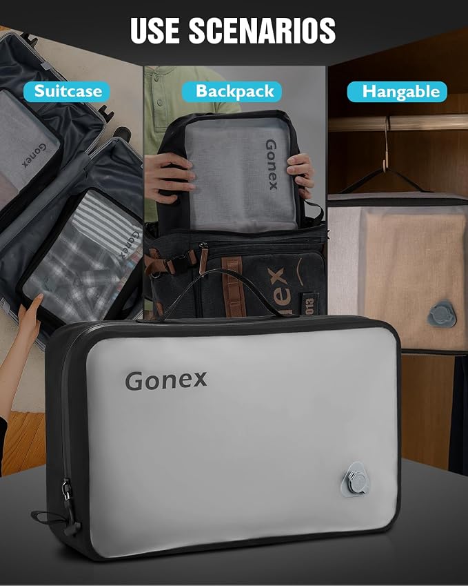 Gonex Vacuum Travel Bags with Pump, Reusable, 2-Pack | Transparent Window, Waterproof TPU, Wide Opening, Built-in Handle, Airtight Valve, Carry-on Compatible