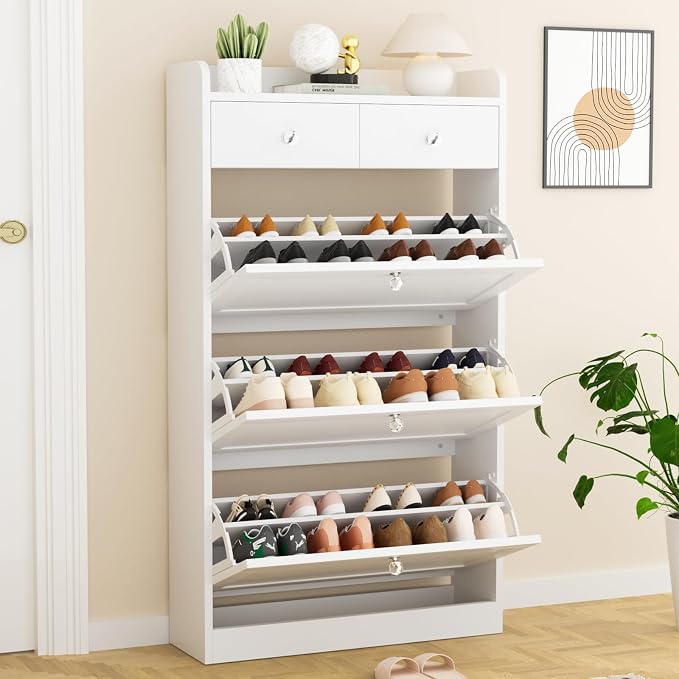 VOWNER Shoe Cabinet with 3 Flip Drawers & 2 Drawers, Freestanding Shoe Storage Cabinet with Adjustable Shelves, Shoe Organizer for Entryway, Hallway, Living Room, White