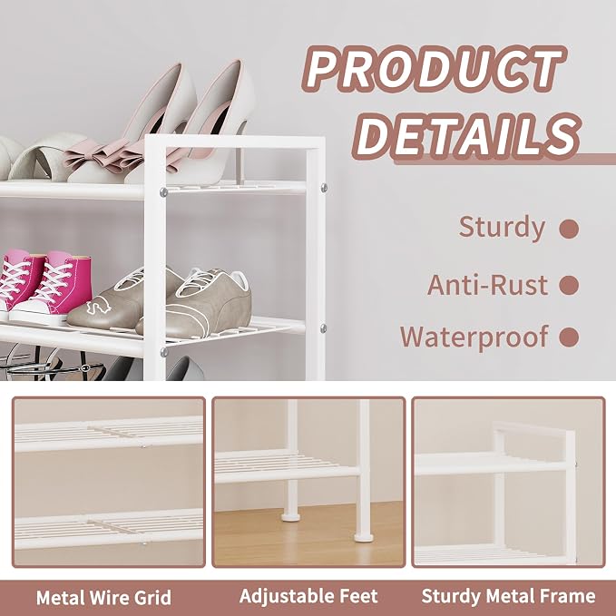4-Tier Shoe Rack,Metal White Shoe Storage | Organizer Shelf for Closet,Entryway,Hallway,Dorm (White, 4 Tier)