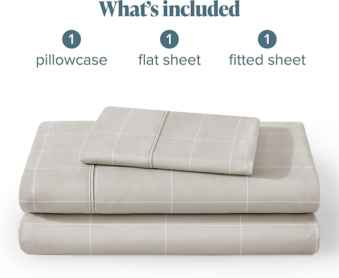 Bare Home Twin Sheet Set - Luxury 1800 Ultra- Soft Double Brushed Microfiber - Deep Pockets - Easy Fit - 3 Piece Bedding Sheet Set (Twin, Grid - Stone/White)