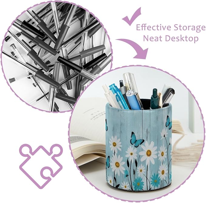 Vintage Farmhouse Flowers Pen Holder Pencil Organizer for Desk, 3.1” x 3.1” x 3.9” Pencil Cup Office Supplies, Large Capacity Cute Pen and Makeup Brush Holder for School, Desktop