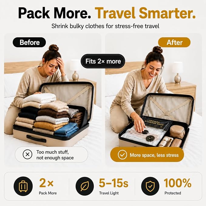 Vacuum Storage Bags with Electric Pump, Travel Vacuum Bags with USB-C Pump, Vacuum Seal Bags for Clothing Travel, Compression Sacks for Suitcase Packing, Reusable Space Saver Bags (16 Pack)