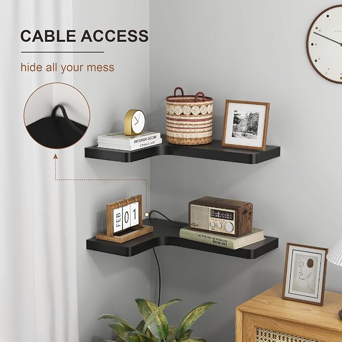 fuqing Corner Floating Shelves for Storage, Set of 3, Solid Wood, Wall Mount Wooden Display Shelf for Bathroom Bedroom Kitchen Garage, Black