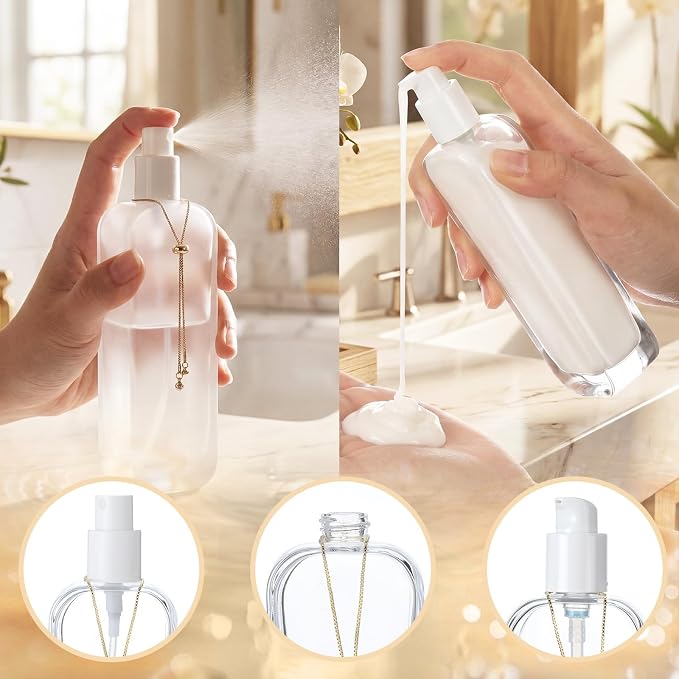 4 Pcs 4oz Luxury Glass Bottles with Pump Glass Toner Bottle with Gold Chain Perfume Spray Bottle Travel Lotion Vial with 2 Plastic Pump Head 2 Spray Head for Cosmetic Toner(Frosted and Clear)