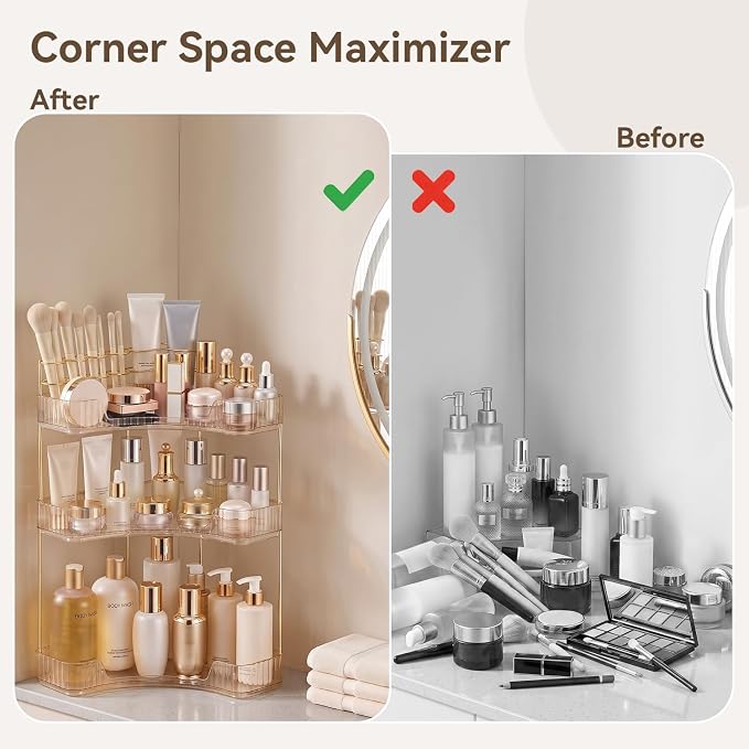 3-Tier Corner Bathroom Counter Organizer with Makeup Brush Holder, Gold | Large Makeup Organizers for Vanity, Corner Bathroom Countertop Organizer for Cosmetic Perfume Skincare Storage