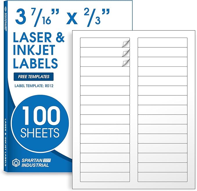 3 7/16" X 2/3" Matte White Printable Labels (100 Sheets, 3000 Stickers) File Folder, Address, Mailing Labels for Laser & Inkjet Printers - Spartan Industrial Template R012