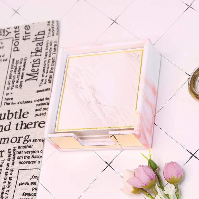 Marble Pink Acrylic Sticky Note Dispenser, 3.82×3.94×1.42 Inch | Fits 3×3 Inch Memo Pads, Holds Up To 300 Sheets, Desktop Organizer with Gold Trim, For Office Use & Daily Work Organization