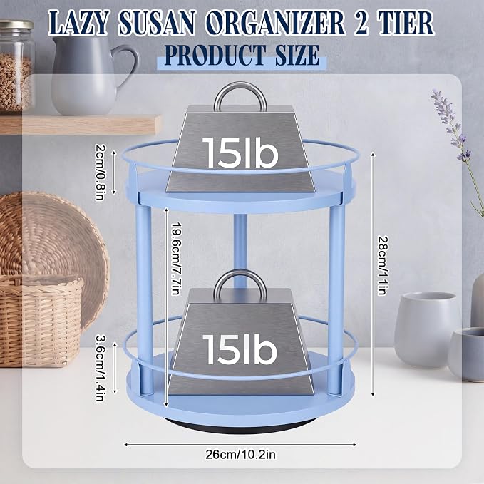 Light Blue Lazy Susan Organizer 2 Tier, Spice Rack Lazy Susan Organizer for Cabinet 10 Inch Rotating Spice Holder for Kitchen Countertop Pantry Dining Table Coffee Bar Storage