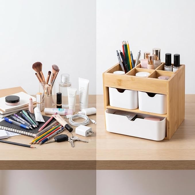 Bamboo Makeup Organizer with 3 Drawers | Wood Makeup Organizer, Dresser Cosmetic Box Organizer, For Home, Adjustable Dividers