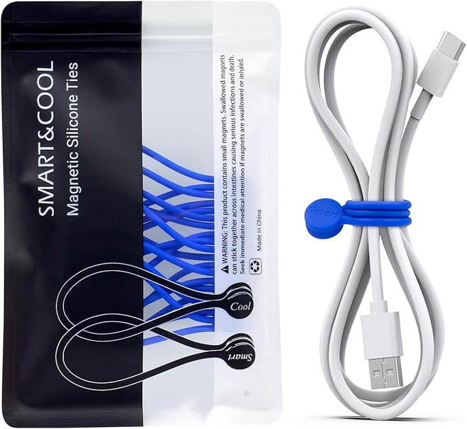 SMART&COOL Reusable Silicone Magnetic Cable Ties for Bundling and Organizing, Holding Stuff, Book Markers, Fridge Magnets, Assorted Color, 7.16'' (10-Pack, Blue)