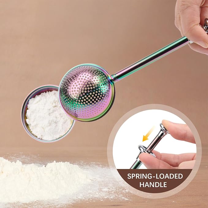 HULISEN Flour Duster, 304 Stainless Steel Flour Sifter for Baking, Rainbow | Spring-Press Handle, Dishwasher Safe, For Flour, Powdered Sugar, Fine Spices, Pick Up and Dust Flour Sifter, Gift Package