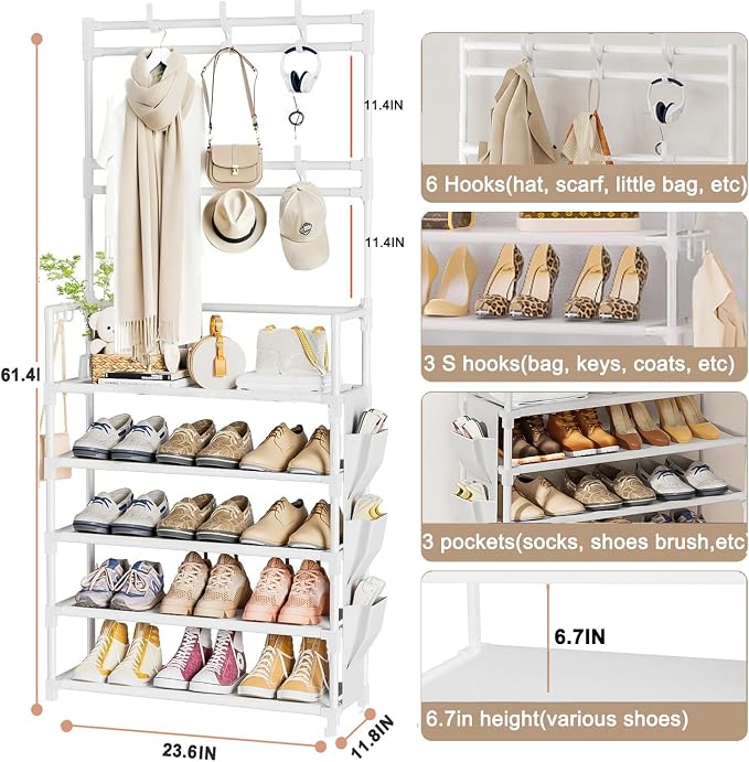Shoe Rack 5 Tier Shoe Organizer Storage 15-20 Pairs for Closet Entrance | Stackable & Detachable Shelf with Hooks and Side Pocket Entryway Shoe Holder Space Saving Closet Organizers and Storage