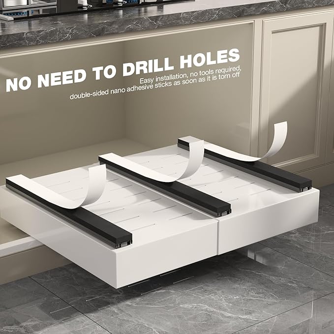Seinloes 2 Pack Pull Out Cabinet Organizer 18" Deep,Full Extension 3 Slide Rails Slide Out Drawers With Raising Pad for Framed Cabinets,Expandable Width (12.3"-20.5"),No Drill Roll Out shelf,White
