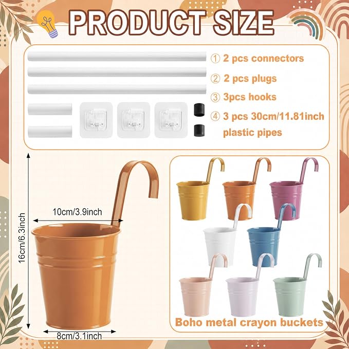 OBUSATT 8 PCS Boho Metal Pencil Holder with Pipes Back to School Hanging Iron Small Pails Colors Crayon Organizer First Day of School Boho wall pencil holderr for classroom Kids Crafts Party Favors