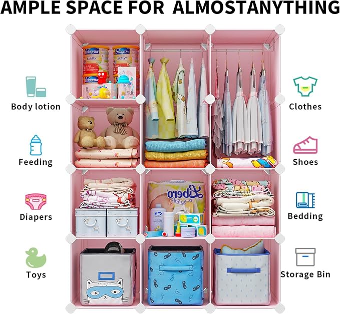 VIPZONE Baby Dresser, Kids Closet Organizers, Portable Kids Wardrobe for Closet, Bedroom, Nursery, Cubby, Cabinet, Clothes, Dress, Baby Storage Shelf, Armoire Clothes Hanging (12 Cube, Pink)