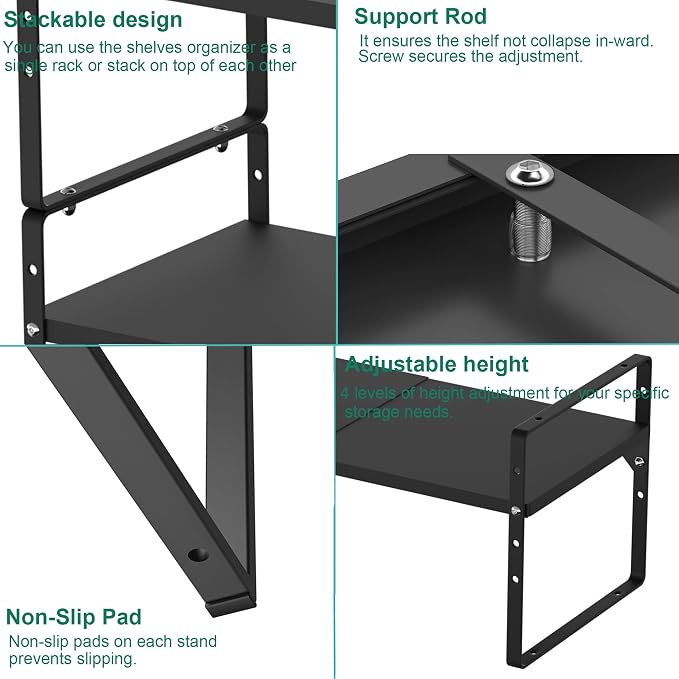 iPEGTOP Extendable Microwave Oven Rack, Adjustable Height Microwave/Toaster Shelf Heavy Duty Metal Pantry Shelf Space Riser Stand Organizer,Black