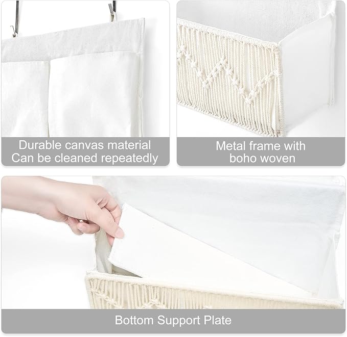 Mkono Macrame Over The Door Organizer Boho Decor Hanging Nursery Storage with 3 Large Woven Pockets, Back of Door Organizer for Bedroom Bathroom Closet Pantry Dorm, Ivory, Gifts for Mother, Girls