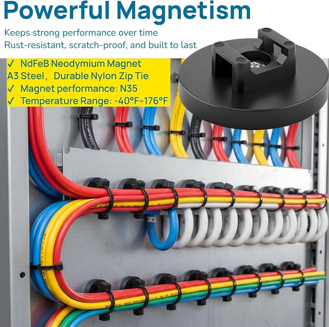 225-Pc Magnetic Cable Ties Set,Magnetic Zip Tie Mounts & Cable Ties | Magnetic Wire Holder, 25 Magnetic Cable Holders & 200 Zip Ties, Magnet Cable Tie Mounts for Cables, Wires, Cords, Hoses-43 mm