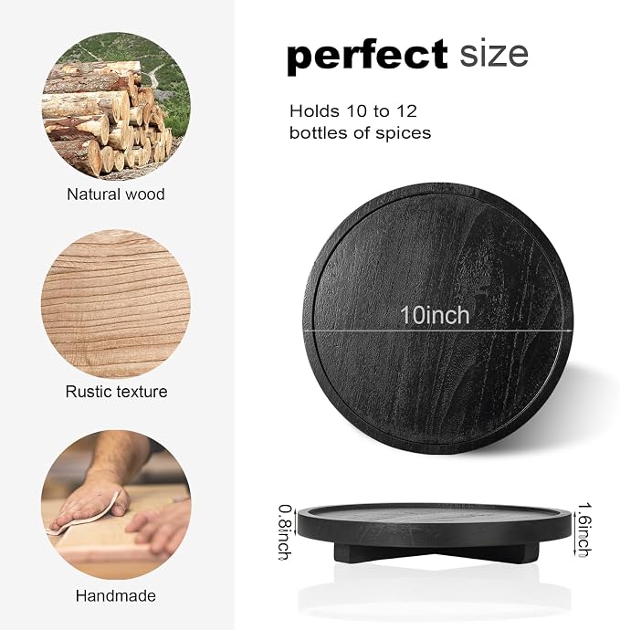 Round Decorative Tray Wood Bathroom Counter Organizer Farmhouse Kitchen Decor Wooden Riser for Soap Dish, Perfume, Candle, Sponge, 10" - Black | Waterproof, Lightweight, Easy Clean, Wood Riser Pedestal Stand Accessories for Office Desk, Vanity, Counter...
