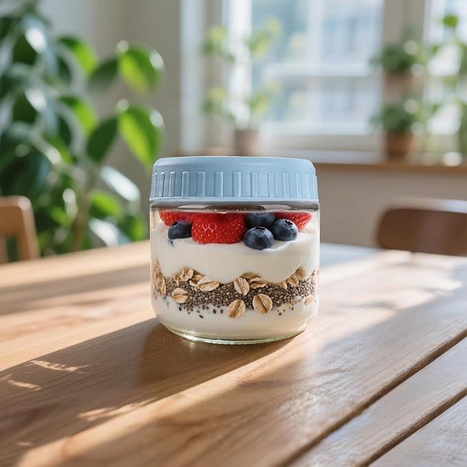 SHOWIN Overnight Oats Containers with Lids, 10oz Glass Jars with Lids 2 pcs, Light Blue, Wide Mouth Mason jars for Salad, Yogurt, Snacks, Meal Prep