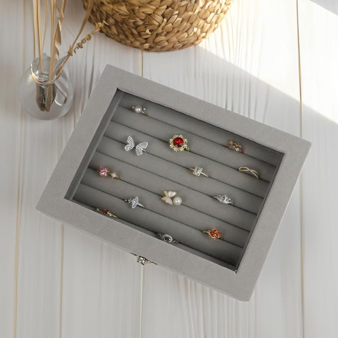 Fordonral Velvet Jewelry Organizer Box, Jewelry Drawer Organizers Trays, Earring Ring Necklace Holder Display Case (Gray, Ring Box)