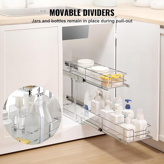 VEVOR Pull Out Cabinet Organizer,8.5" W x 21" D x15.2 HHeavy Duty Slide Out Pantry Shelves, Chrome-Plated Steel Roll Out Drawers for Home, 10" Wx22 Dx19 H Inside Kitchen Cabinet, Bathroom, Under Sink