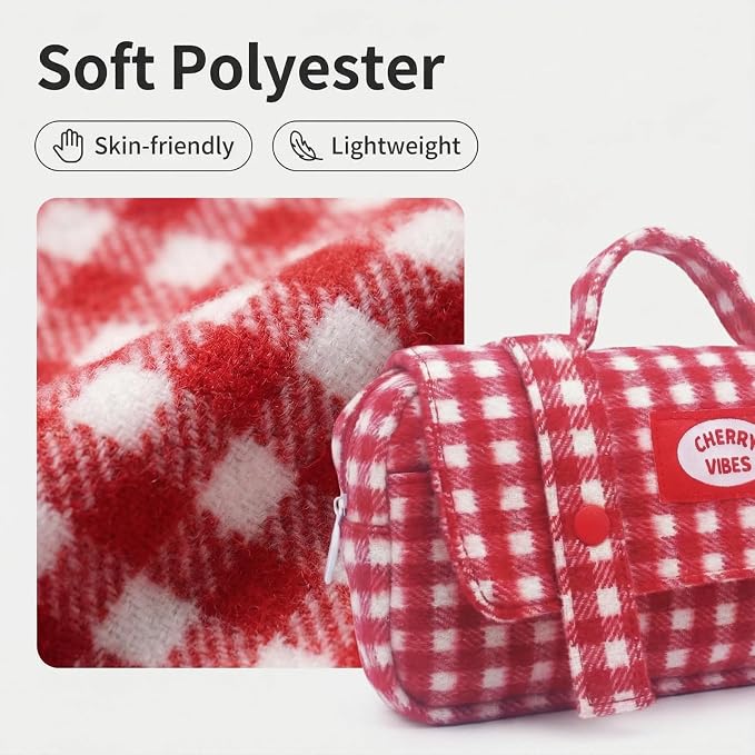 Cute Checkered Pencil Case, Red White Plaid, Large Capacity Gingham Pattern Pen Bag with Handle, Big Stationery Organizer, Multi-Use Storage Pouch, 8.7x1.6x4.7 Inches, Red