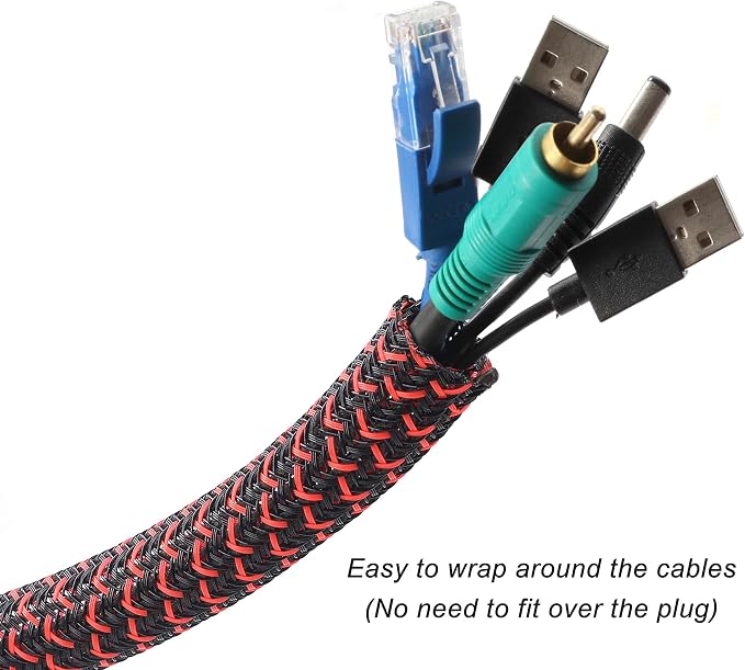 Cable Management Sleeve, Split Design, 25FT - 1/2 Inch, Black/Red | Cord Protectors from Pets | Heat & Abrasion Resistant Wire Loom | Automotive Wiring & Home Office Cable Organization
