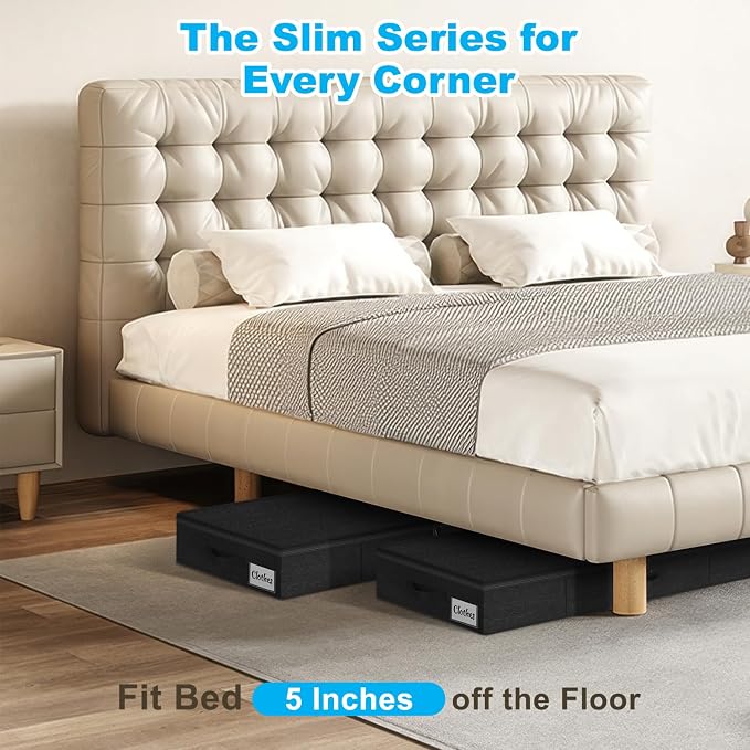 Under Bed Storage Container Bins 4 Pack, 5 Inch Thin Low Profile Underbed Clothes Storage Organizer for Dorm & Home, Use for Blanket and Toy Storage Box W/ Sturdy Bottom/Sides, Foldable Thick Fabric