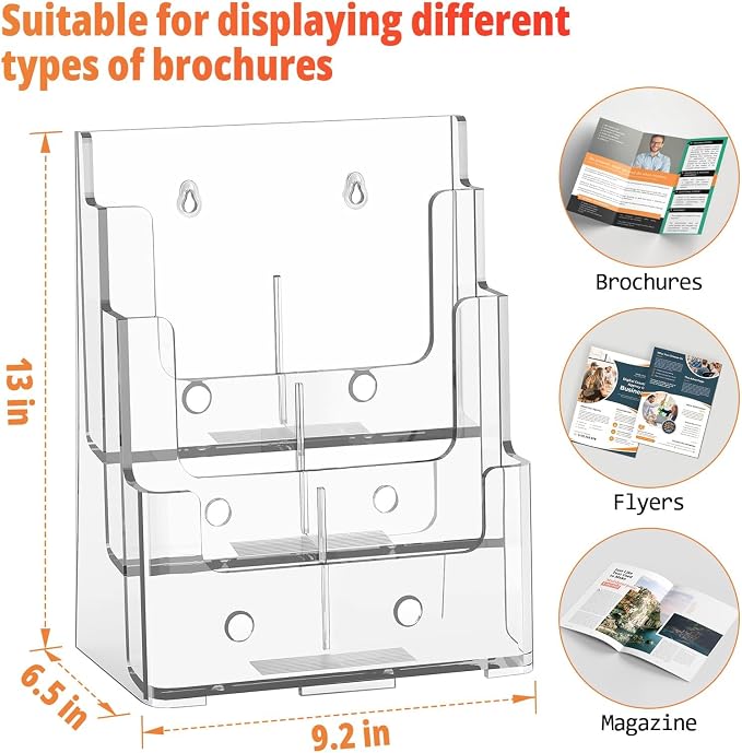 FUCDTEFC 2 Pack Acrylic Brochure Holder 8.5x11 & 4 x9 Inches Universal, Clear 3 Tier Magazine Stand Brochure Display Stand w Removable Divider, Literature Flyer Holder for Wall Mount or Countertop