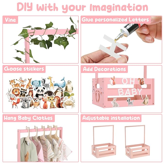 Baby Shower Gifts Basket Wooden Crate, Personalized Wooden Letters and Clothes Hangers New Born Baby Girl Boy Gifts Vine Decorations Cute Closet with Handle Pregnancy Gifts for New Mom Parents Pink
