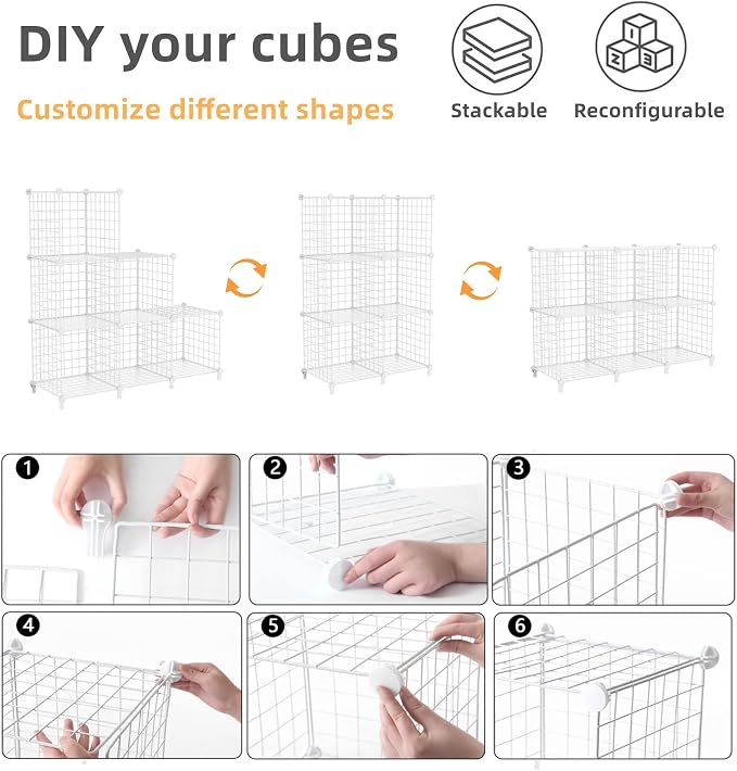 AWTATOS Wire Cube Storage, 6 Cube Closet Organizer Storage Shelf, White | Metal Cube Storage Shelves Bookshelf, Portable Closet Clothes Organizer, Wire Shelving for Bedroom, Home, Office