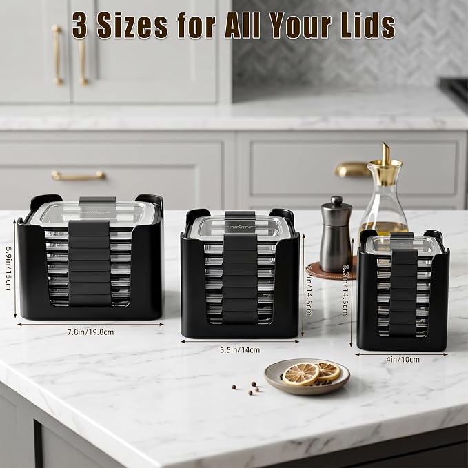 Stackable Food Container Lid Organizer, for Rubbermaid Brilliance Snap-on Lids, 3-Piece Kitchen Cabinet Storage Holds 24 Lids,Black