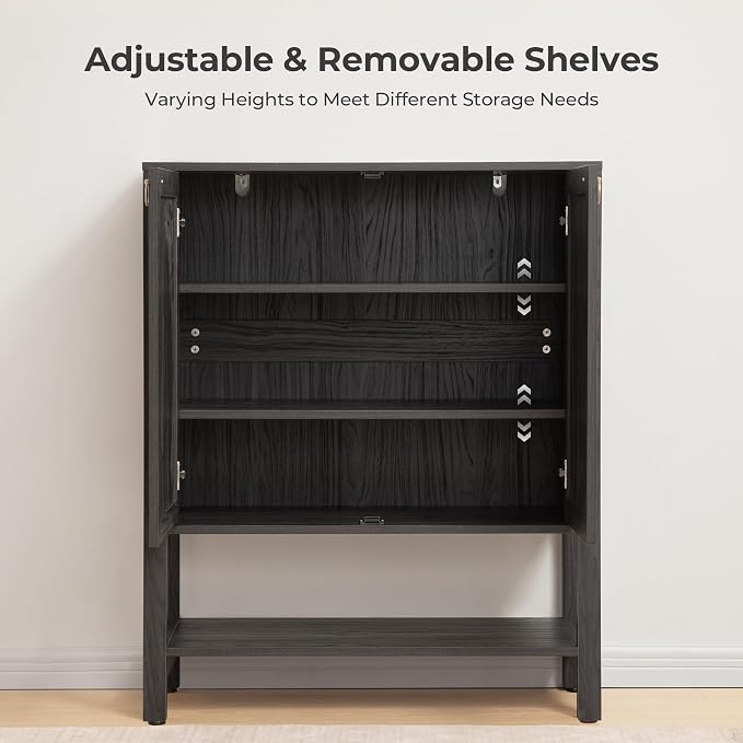 SICOTAS Rattan Shoe Storage Cabinet, 5 Tier Shoe Organizer with Doors and Shelves, 24 Pair Capacity Tall Farmhouse Boho Shoe Rack for Entryway Hallway Living Room Closet, Obsidian
