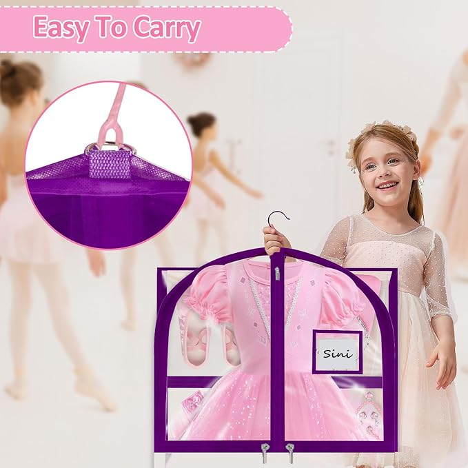 Garment Bags for Dance Costumes - 40 Inch Clear PVC with 5 Zipper Pockets (3 Pack) - Kids Dance Garment Bag for Dancers, Hanging Clothes Storage, Competitions & Travel (‎Clear Purple)